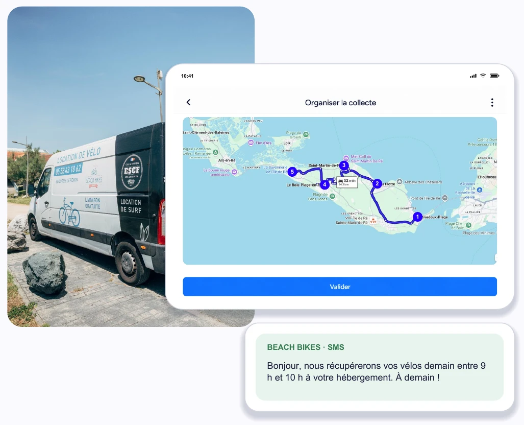 Furgoneta Beach Bikes, mapa de ruta de recogida y SMS al cliente