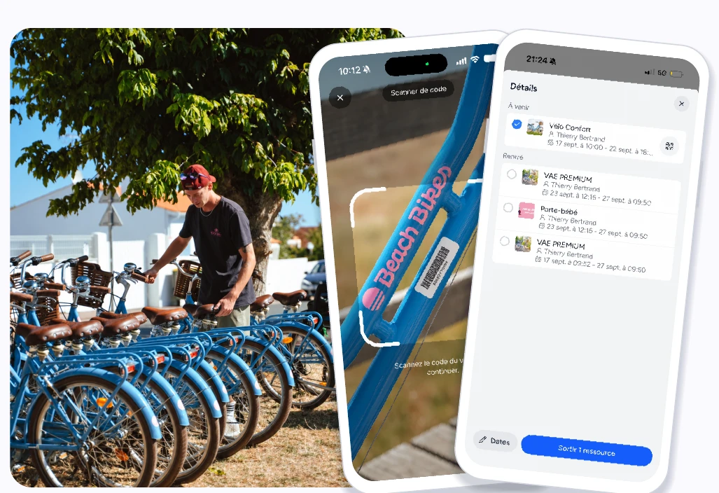 Escaneo de códigos de barras y detalles de alquiler de bicicletas en Shaker