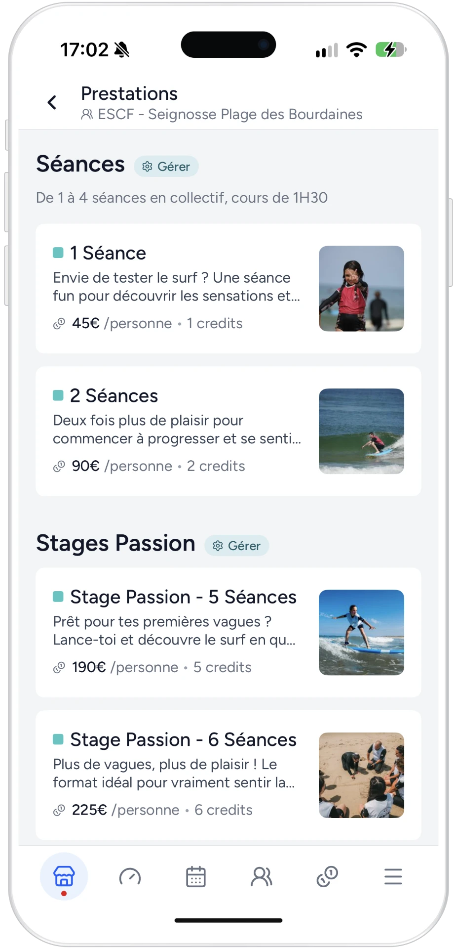 Écran mobile Shaker montrant les séances, les stages et les tarifs de surf