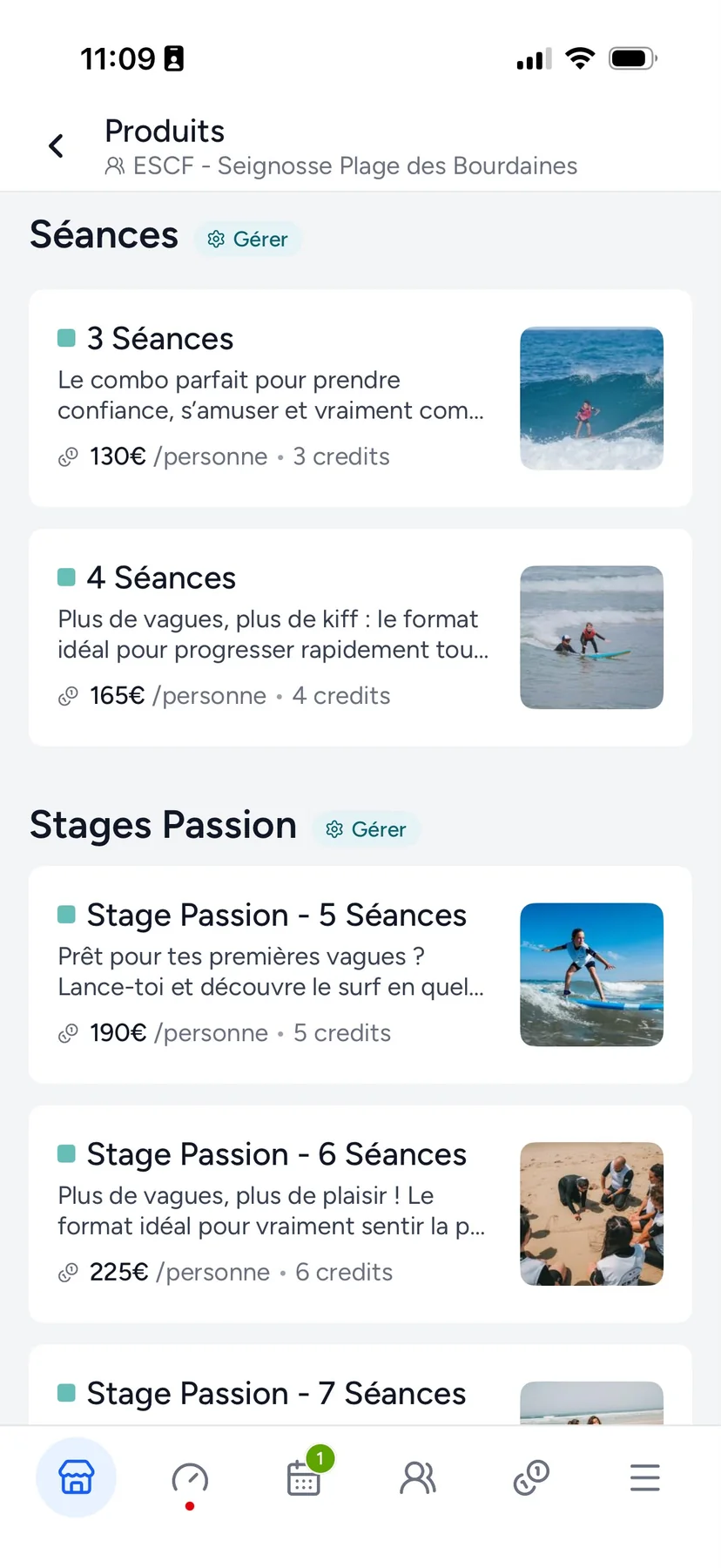 Shaker mobile screen showing surf lesson packs and camp offers