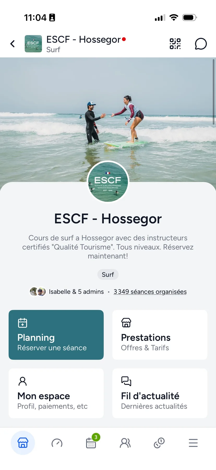 Shaker surf school mobile app showing a school profile, schedule and services