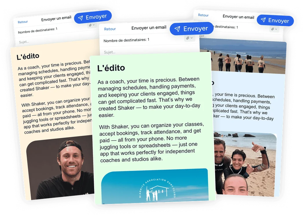 Shaker email campaign editor with surf school communications