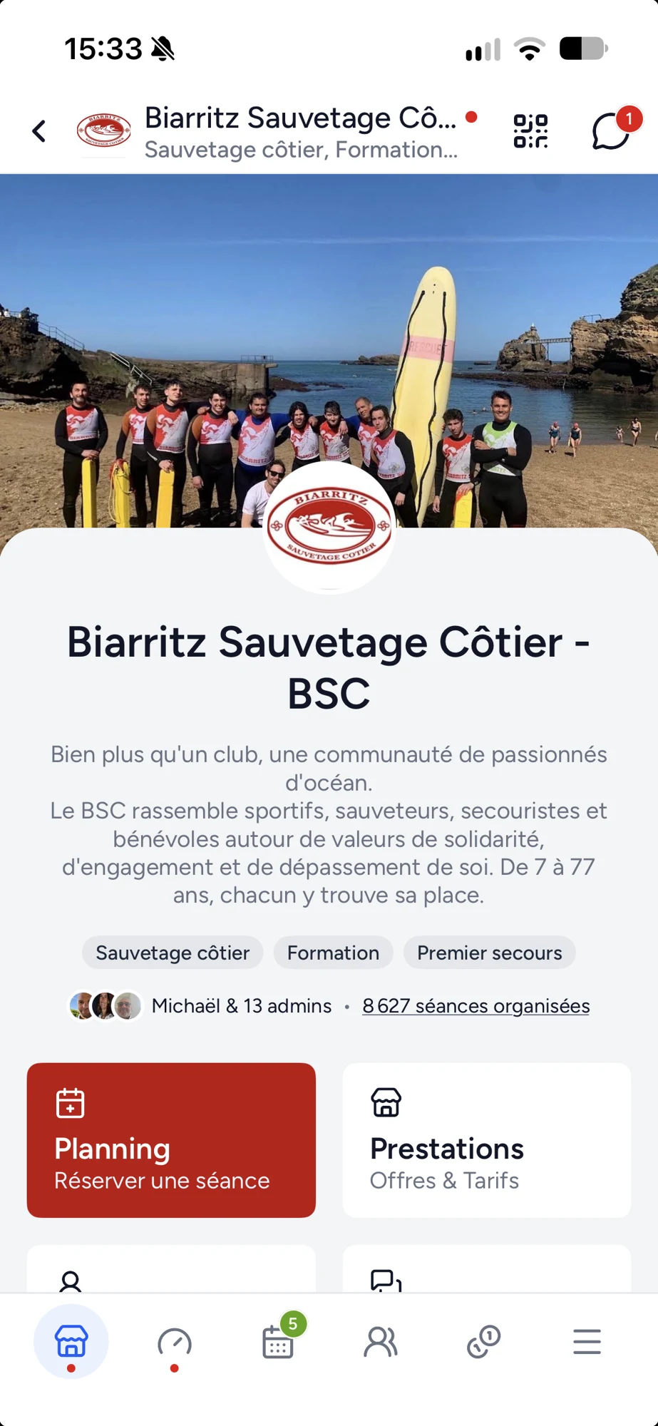Le club Biarritz Sauvetage Côtier dans l’application Shaker