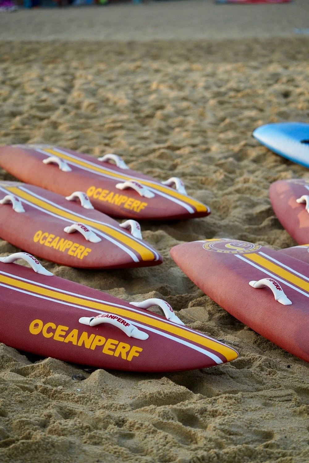 Les membres du club sur la plage et le matériel de sauvetage