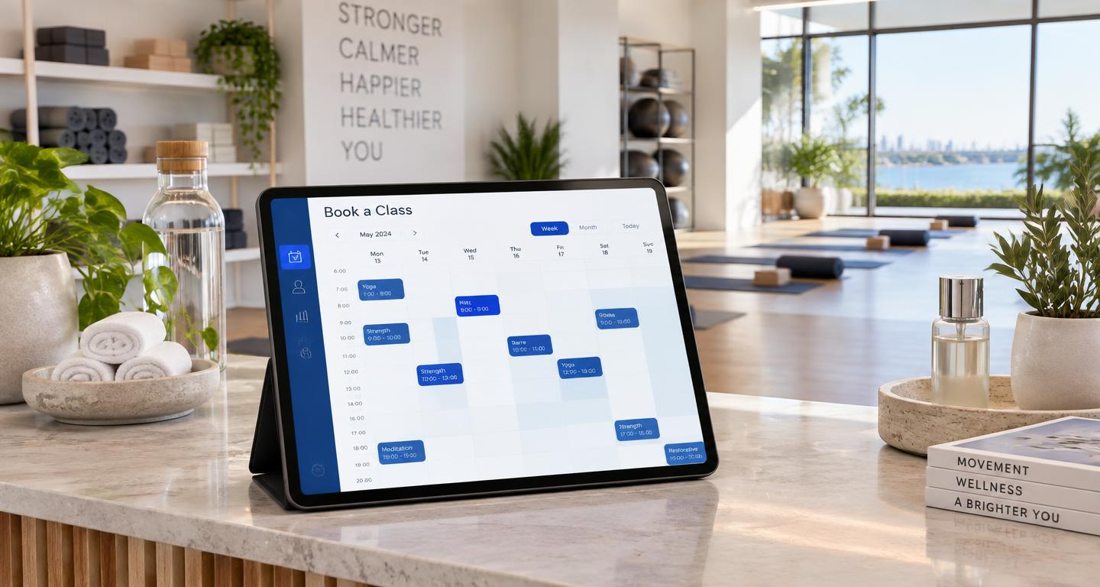 Shaker booking calendar on a tablet in a wellness studio