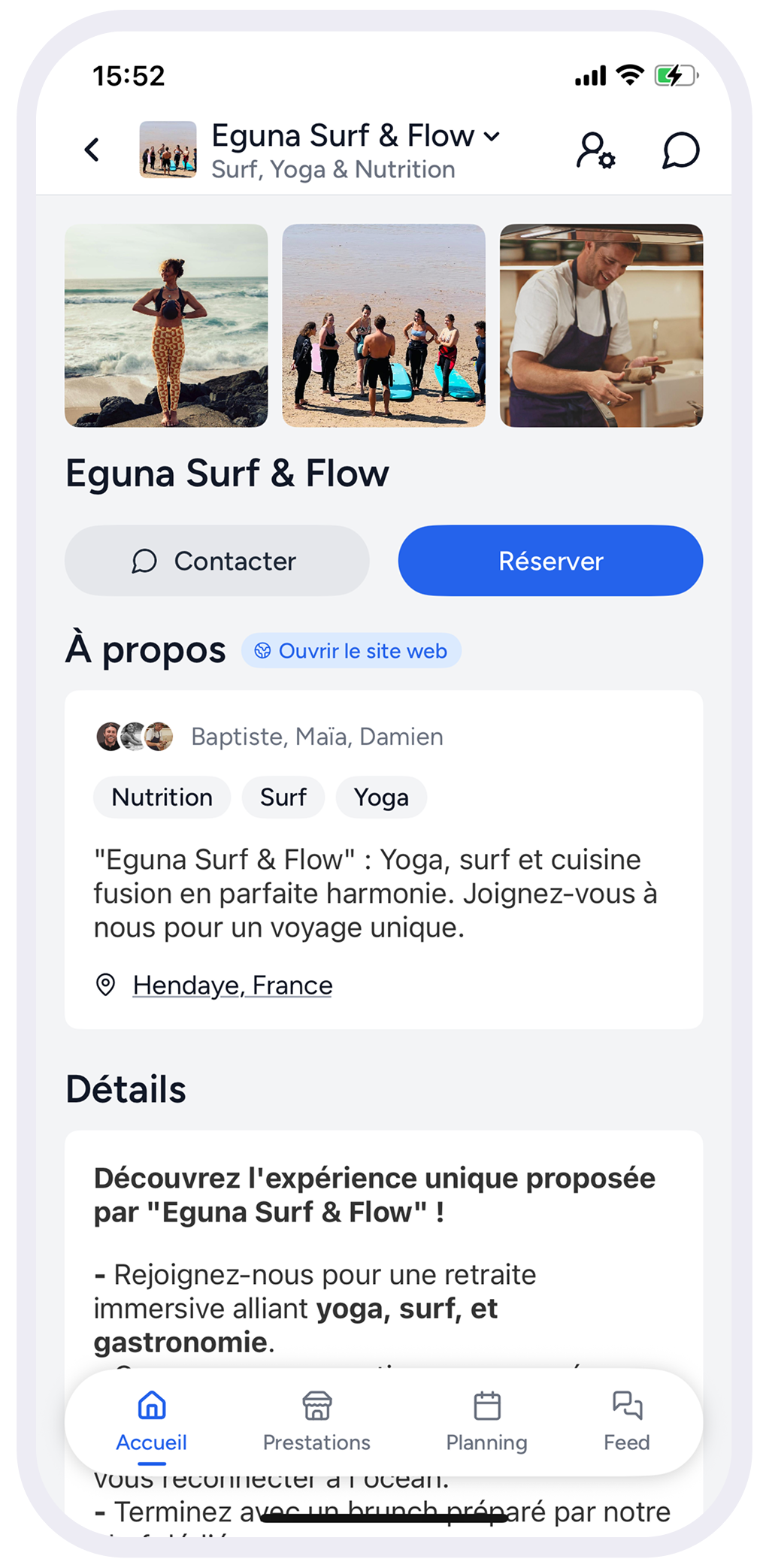 Shaker mobile app showing a surf and wellness business